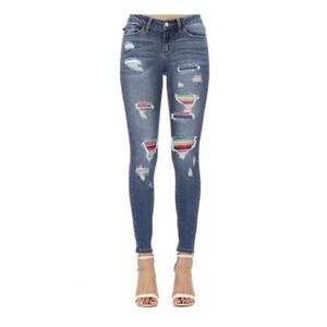 Judy Blue Serape Southwestern Patch Distressed Skinny Jeans 11/30 NWT Casual Den